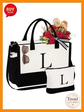Initial Canvas Tote Bag with Makeup Bag Crossbody Strap Zipper Pockets